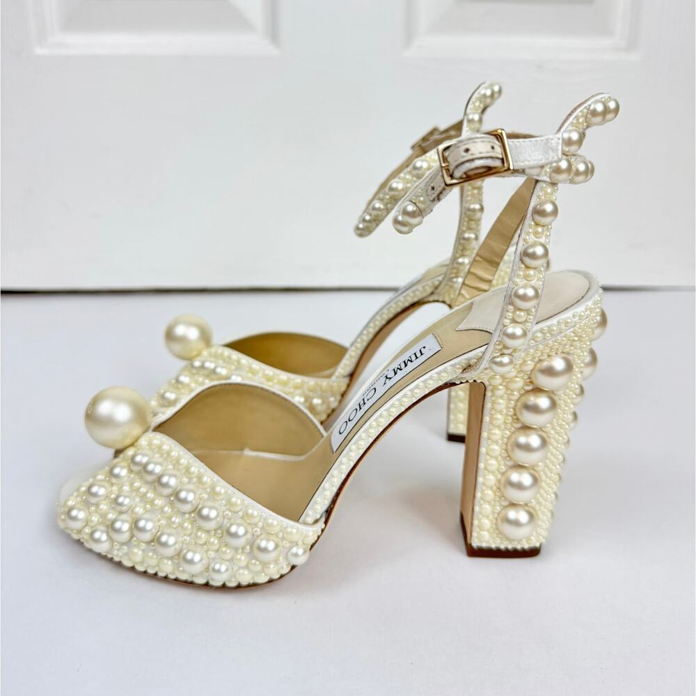 ❗️SOLD❗️JIMMY CHOO SACARIA 100 PEARL EMBELLISHED BLOCK HEEL SANDALS - Picture 4 of 11